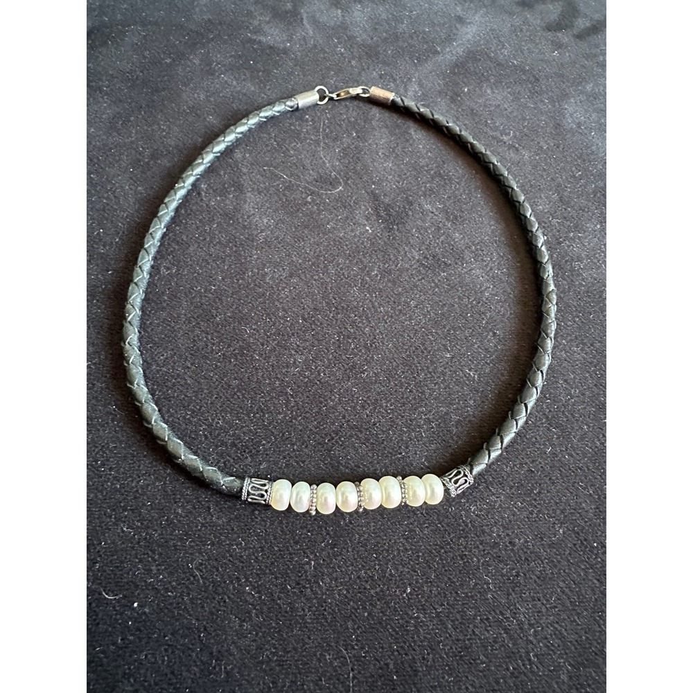 Women's Pearl /Silver Braided Cord Necklace Choker‎ 15" Necklace Y2K 90s